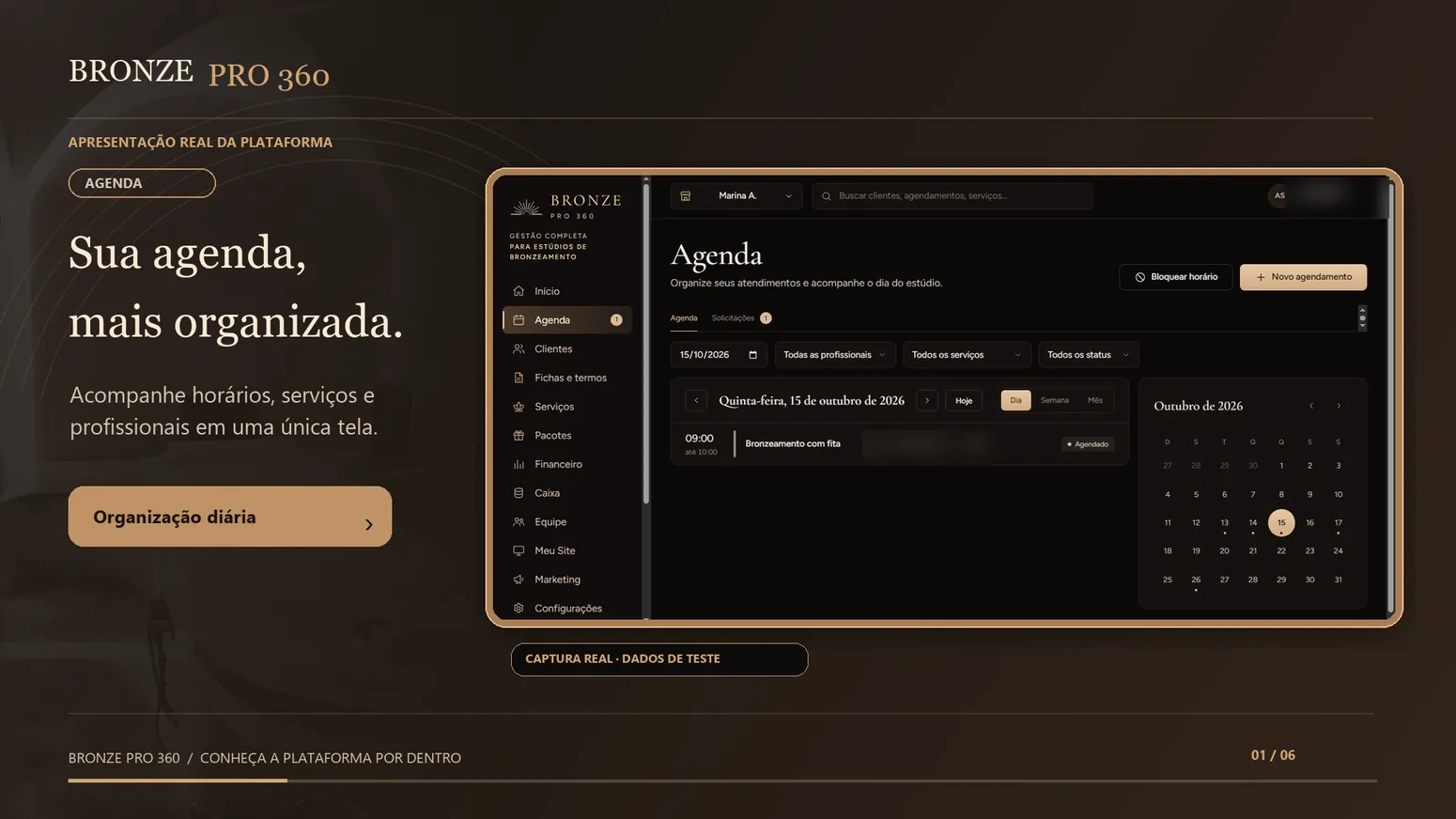 Tela Agenda do Bronze Pro 360 com a visão do dia, filtros por profissional, serviço e status e o calendário do mês