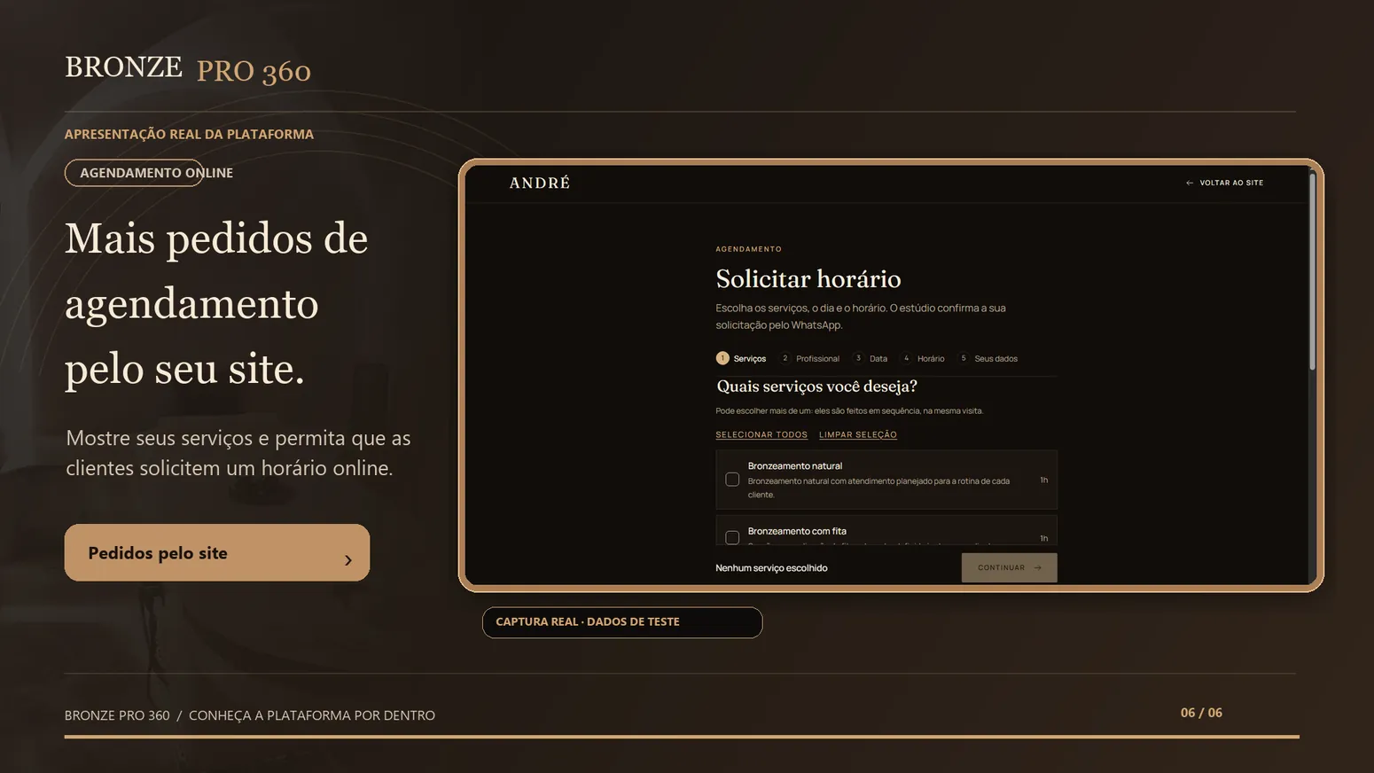 Página pública de solicitação de horário de um site de estúdio, na etapa de escolha dos serviços
