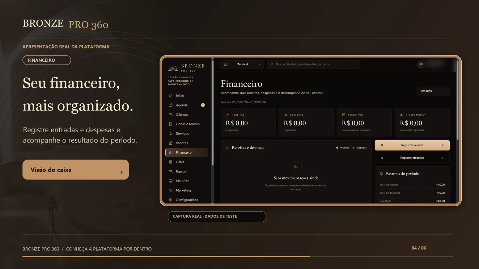 Tela Financeiro com cartões de receitas, despesas, resultado e ticket médio, ainda sem movimentações no período