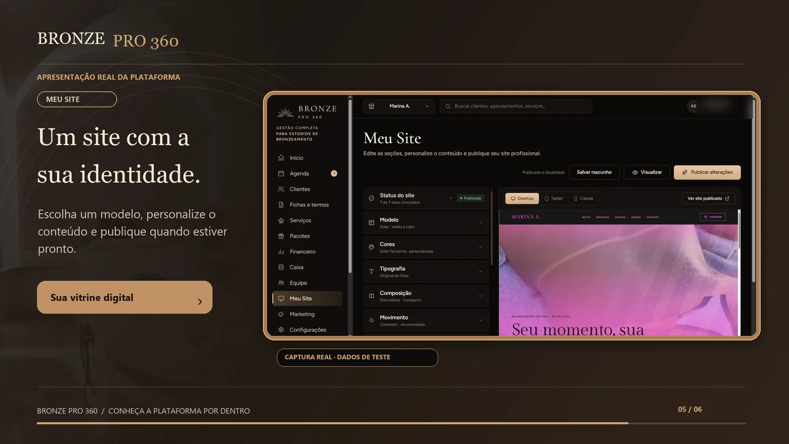 Editor Meu Site com as opções de modelo, cores, tipografia, composição e movimento ao lado da prévia do site