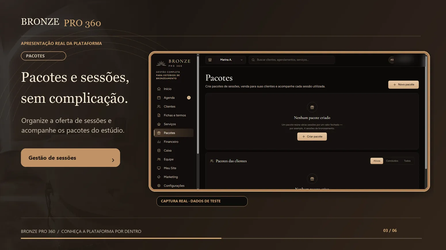 Tela Pacotes do Bronze Pro 360, ainda sem pacotes criados, com o botão para criar o primeiro pacote